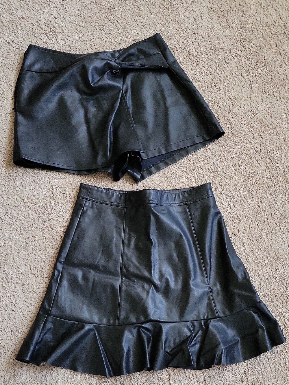 Divided Black Faux Leather Skort & Ruffle-Hem Skirt Set